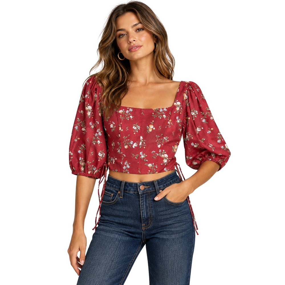 Abercrombie & Fitch Top Womens‎ XS Pink Floral Puff Sleeve Crop Lace Up Smocked